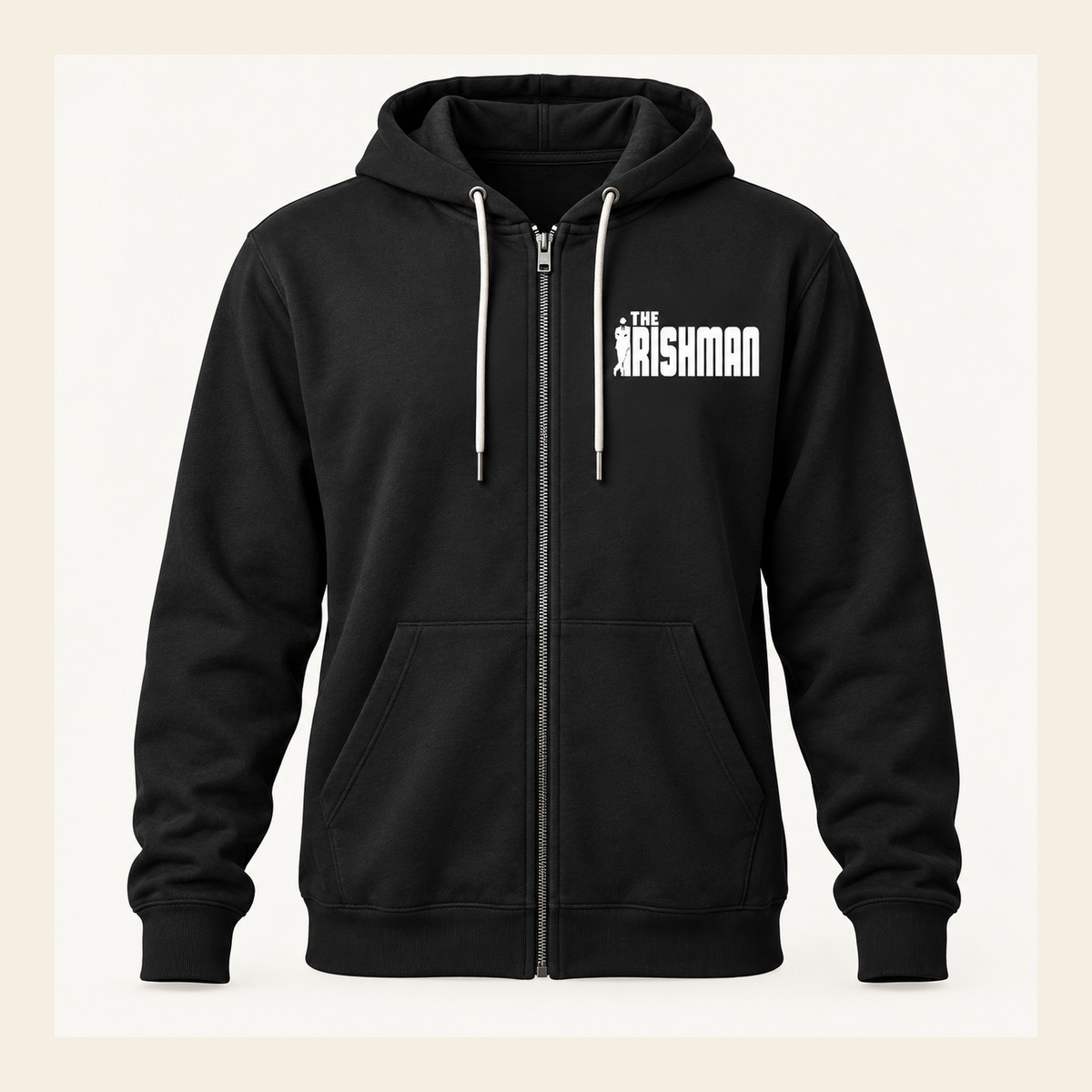 Black zip hoodie with The Irishman Huntington Beach logo